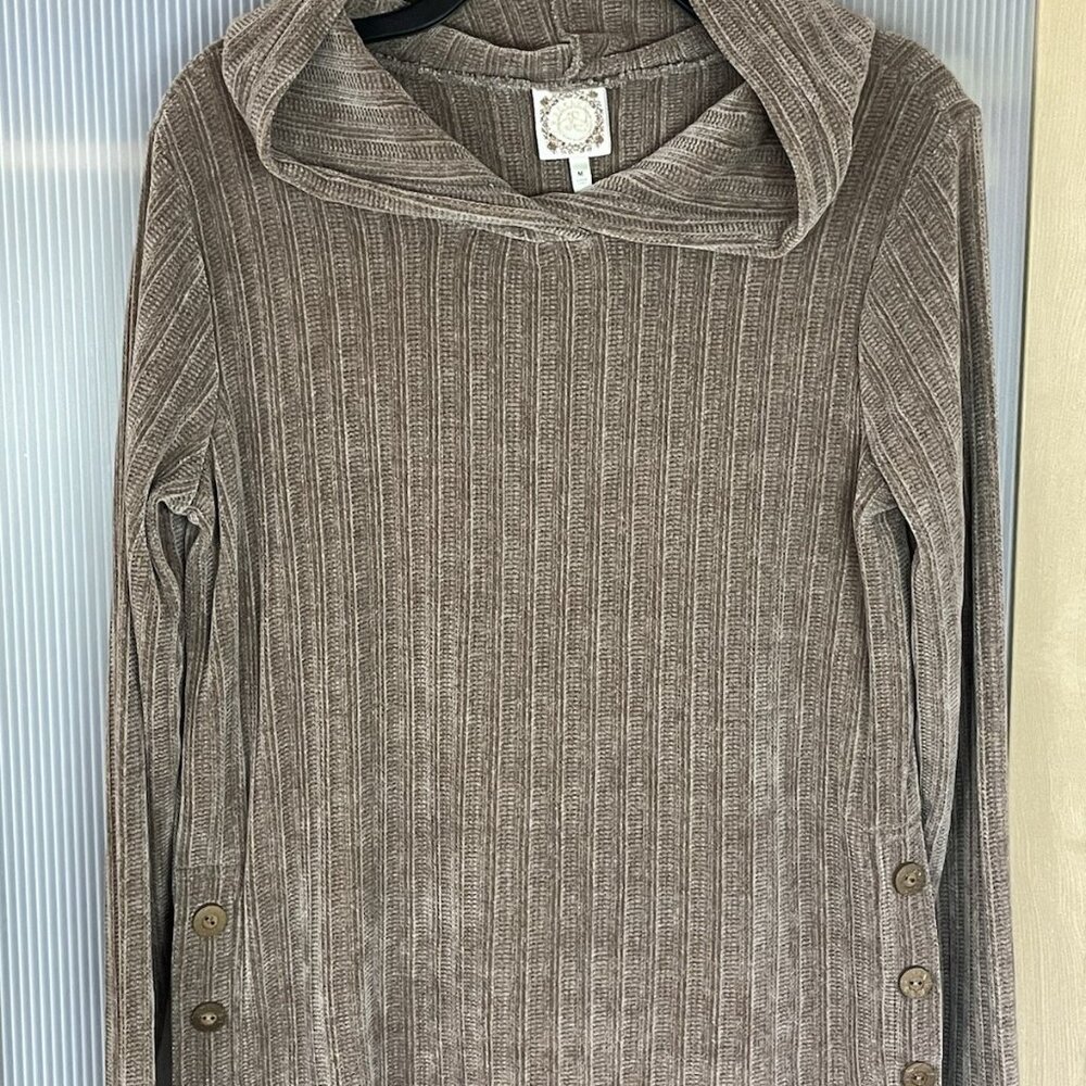 True Self Sweater Women’s Sz M Boho Casual Velour Button Pullover Hoodie Beige‎